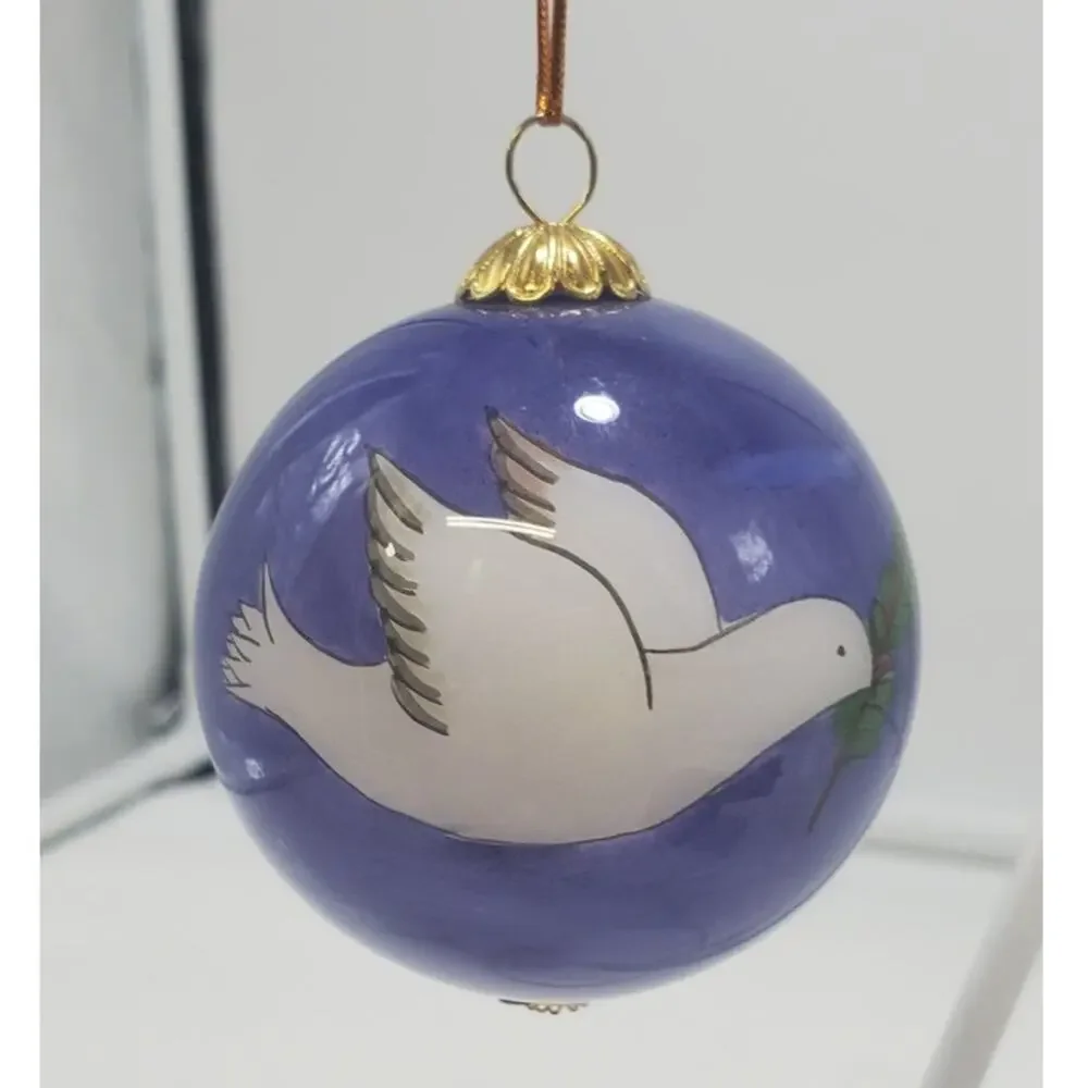 VTG Pier 1 Li Bien Peace Dove Glass Ornament Hand Painted, Silk Box, EUC